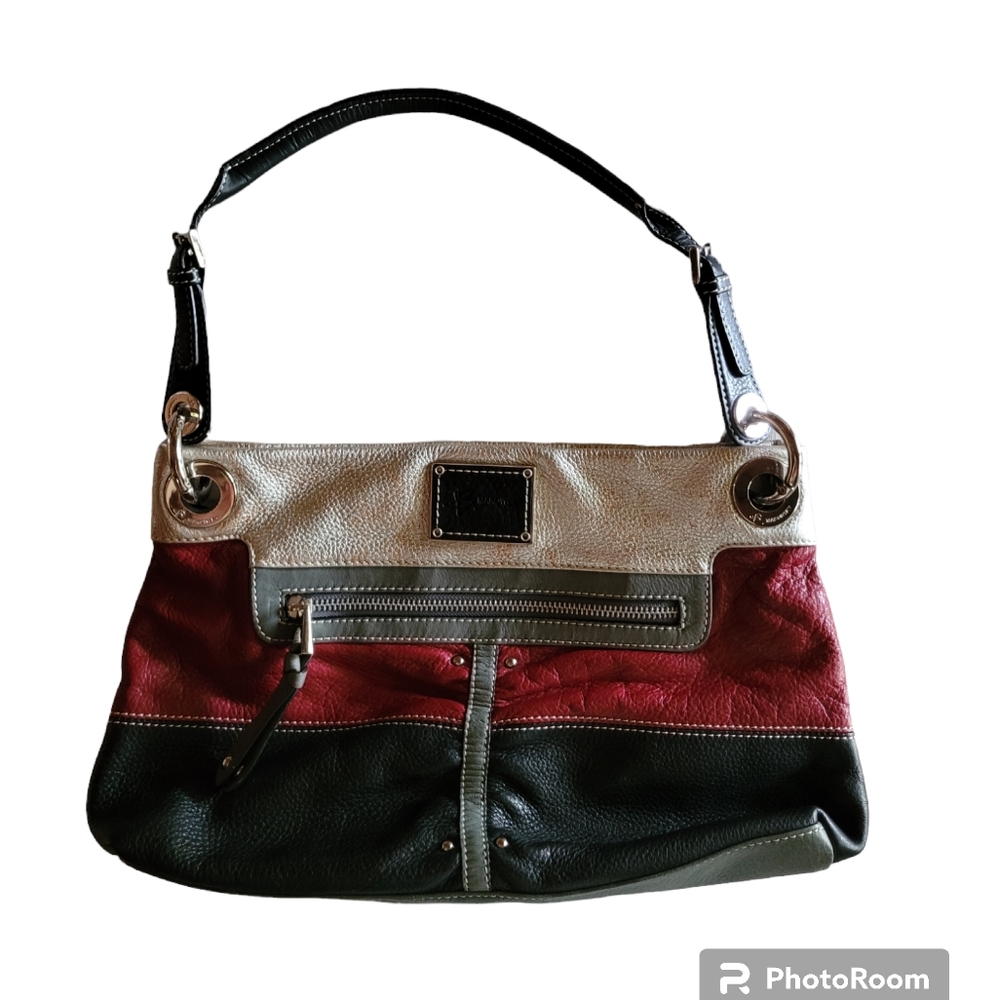 B Makowsky Leather Shoulder Bag Colorblock Silver Red Black